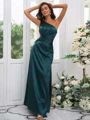 Sheath/Column Elastic Woven Satin Ruched One-Shoulder Sleeveless Floor-Length Bridesmaid Dresses - RongMoon