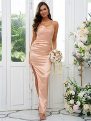 Sheath/Column Elastic Woven Satin Ruched Spaghetti Straps Sleeveless Floor-Length Bridesmaid Dresses - RongMoon