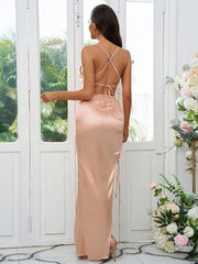 Sheath/Column Elastic Woven Satin Ruched Spaghetti Straps Sleeveless Floor-Length Bridesmaid Dresses - RongMoon