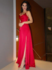 Sheath/Column Elastic Woven Satin Spaghetti Straps Floor-Length Ruched Sleeveless Dresses - RongMoon