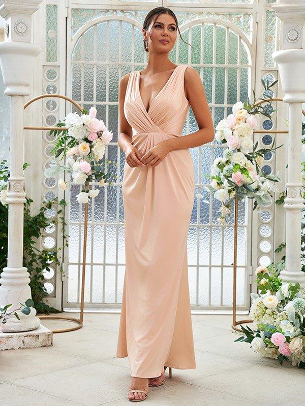Sheath/Column Jersey Ruched V-neck Sleeveless Floor-Length Bridesmaid Dresses - RongMoon