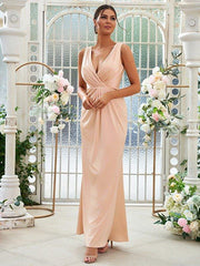 Sheath/Column Jersey Ruched V-neck Sleeveless Floor-Length Bridesmaid Dresses - RongMoon