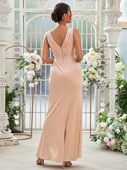 Sheath/Column Jersey Ruched V-neck Sleeveless Floor-Length Bridesmaid Dresses - RongMoon
