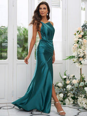 Sheath/Column Polyester Ruched Scoop Sleeveless Sweep/Brush Train Bridesmaid Dresses - RongMoon
