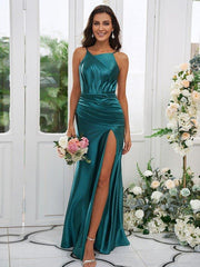 Sheath/Column Polyester Ruched Scoop Sleeveless Sweep/Brush Train Bridesmaid Dresses - RongMoon