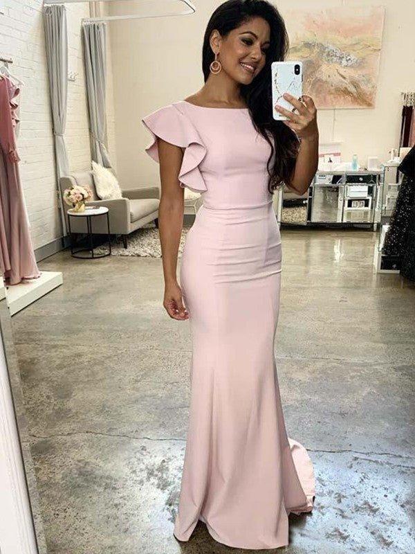 Sheath/Column Ruched Sleeveless Scoop Stretch Crepe Sweep/Brush Train Bridesmaid Dresses - RongMoon