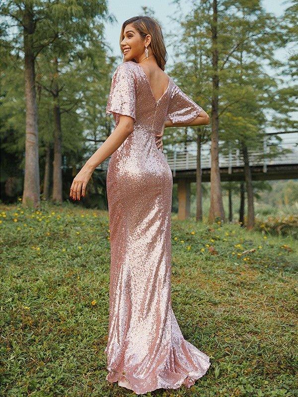Sheath/Column Sequins Ruched V-neck Short Sleeves Sweep/Brush Train Bridesmaid Dresses - RongMoon