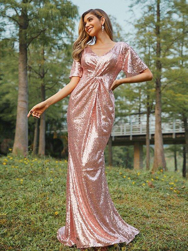 Sheath/Column Sequins Ruched V-neck Short Sleeves Sweep/Brush Train Bridesmaid Dresses - RongMoon