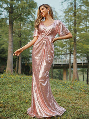 Sheath/Column Sequins Ruched V-neck Short Sleeves Sweep/Brush Train Bridesmaid Dresses - RongMoon
