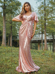 Sheath/Column Sequins Ruched V-neck Short Sleeves Sweep/Brush Train Bridesmaid Dresses - RongMoon