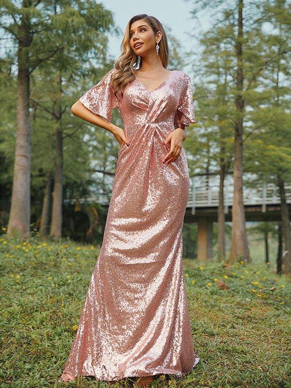 Sheath/Column Sequins Ruched V-neck Short Sleeves Sweep/Brush Train Bridesmaid Dresses - RongMoon