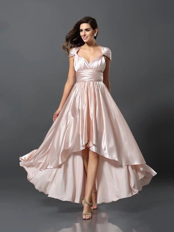 Sheath/Column Sleeveless High Low Silk like Satin Bridesmaid Dresses - RongMoon
