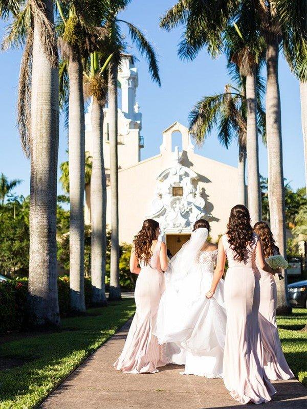 Sheath/Column Sleeveless Sheer Neck Sweep/Brush Train Stretch Crepe Bridesmaid Dresses - RongMoon