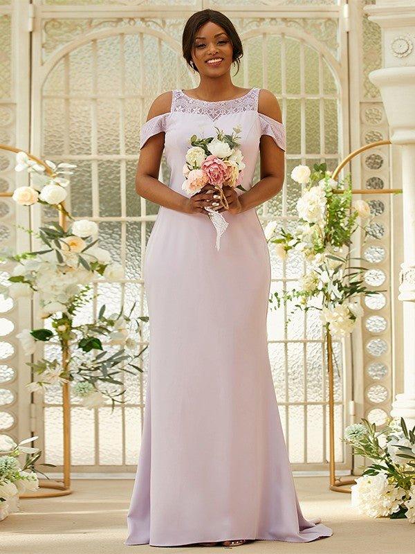 Sheath/Column Stretch Crepe Lace Scoop Sleeveless Sweep/Brush Train Bridesmaid Dresses #BD18055BD0104 - RongMoon