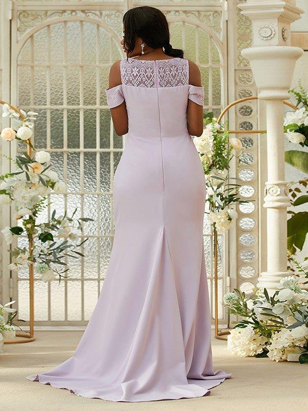 Sheath/Column Stretch Crepe Lace Scoop Sleeveless Sweep/Brush Train Bridesmaid Dresses #BD18055BD0104 - RongMoon