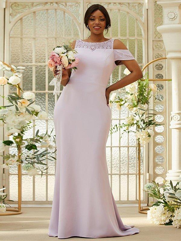 Sheath/Column Stretch Crepe Lace Scoop Sleeveless Sweep/Brush Train Bridesmaid Dresses #BD18055BD0104 - RongMoon