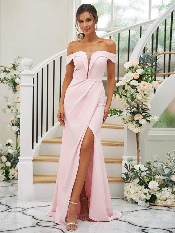 Sheath/Column Stretch Crepe Ruched Off-the-Shoulder Sleeveless Sweep/Brush Train Bridesmaid Dresses - RongMoon