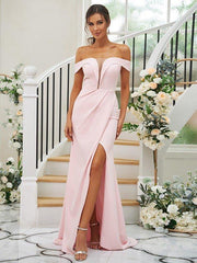 Sheath/Column Stretch Crepe Ruched Off-the-Shoulder Sleeveless Sweep/Brush Train Bridesmaid Dresses - RongMoon