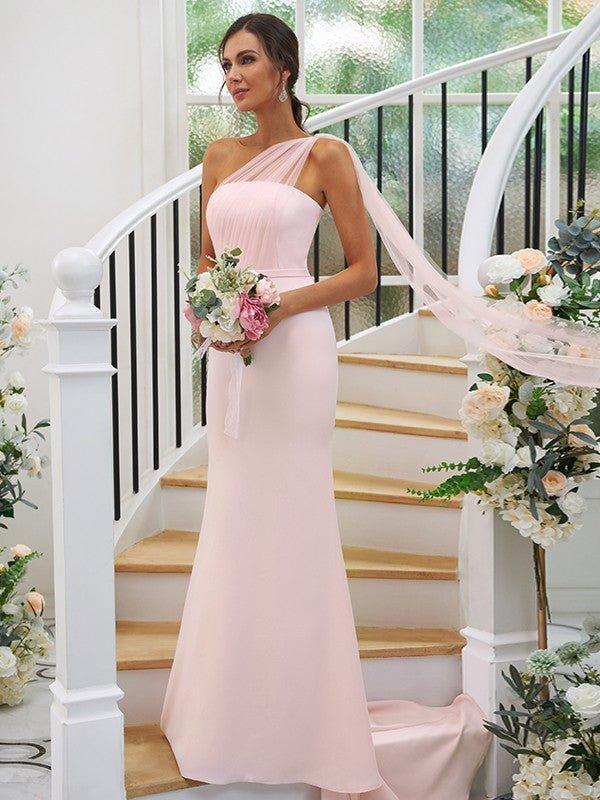 Sheath/Column Stretch Crepe Ruched One-Shoulder Sleeveless Sweep/Brush Train Bridesmaid Dresses - RongMoon