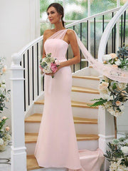 Sheath/Column Stretch Crepe Ruched One-Shoulder Sleeveless Sweep/Brush Train Bridesmaid Dresses - RongMoon