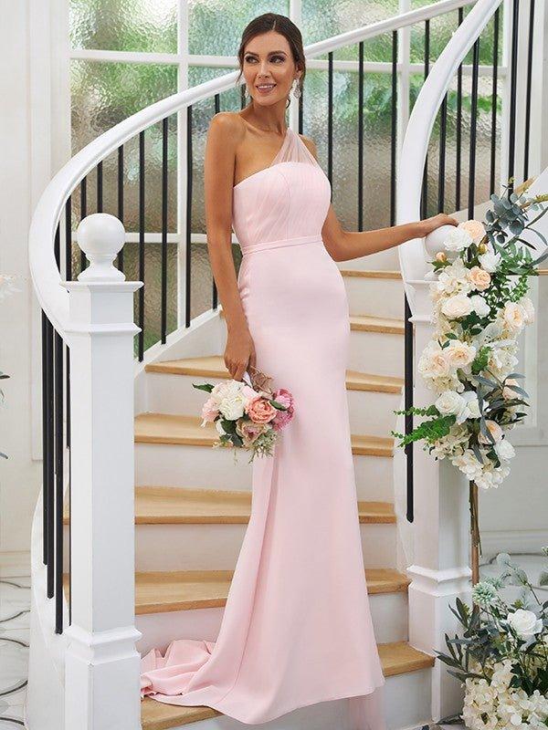 Sheath/Column Stretch Crepe Ruched One-Shoulder Sleeveless Sweep/Brush Train Bridesmaid Dresses - RongMoon