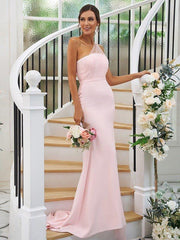 Sheath/Column Stretch Crepe Ruched One-Shoulder Sleeveless Sweep/Brush Train Bridesmaid Dresses - RongMoon