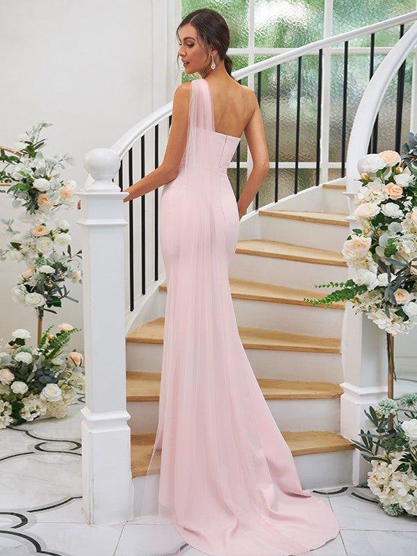 Sheath/Column Stretch Crepe Ruched One-Shoulder Sleeveless Sweep/Brush Train Bridesmaid Dresses - RongMoon