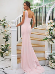 Sheath/Column Stretch Crepe Ruched One-Shoulder Sleeveless Sweep/Brush Train Bridesmaid Dresses - RongMoon