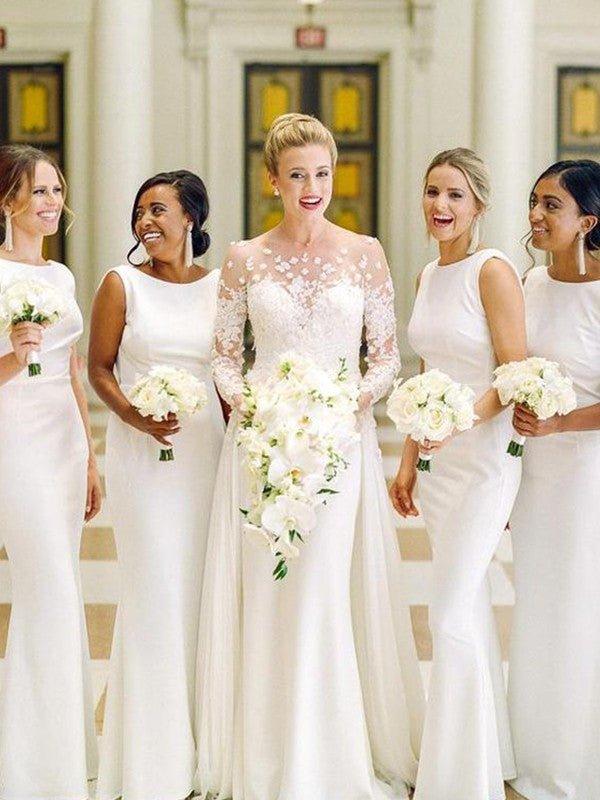 Sheath/Column Stretch Crepe Ruched Scoop Sleeveless Floor-Length Bridesmaid Dresses - RongMoon