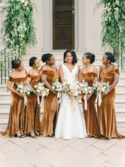 Sheath/Column Velvet Ruched Off-the-Shoulder Sleeveless Sweep/Brush Train Bridesmaid Dresses - RongMoon