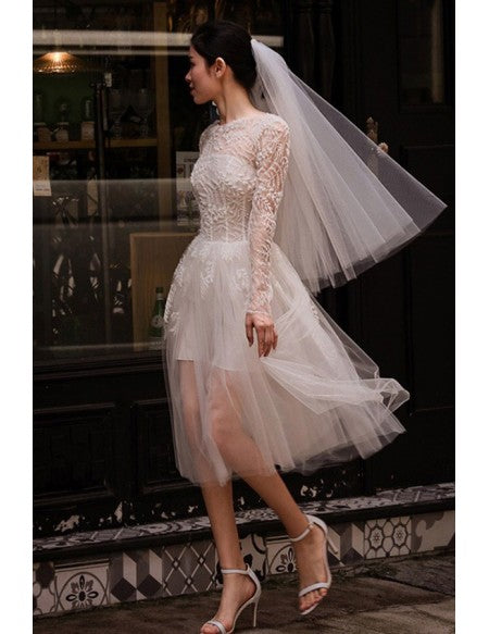 See-through Long Sleeves Short Tulle Short Wedding Dress