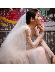 See-through Long Sleeves Short Tulle Short Wedding Dress