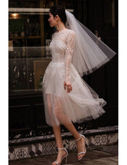 See-through Long Sleeves Short Tulle Short Wedding Dress