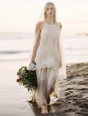 Beach Open Back Boho Wedding Dresses Sweep / Brush Train A-Line Sleeveless Halter Chiffon With Solid Color