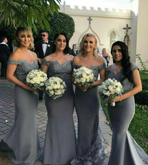 Silver Lace V-neck Off The Shoulder Mermaid Bridesmaid Dresses