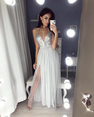 Sequins V-neck Open Back Tulle Floor Length Prom Dresses