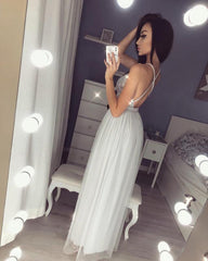 Sequins V-neck Open Back Tulle Floor Length Prom Dresses
