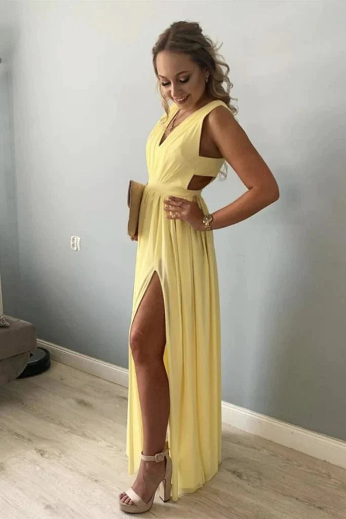 Simple A Line V Neck Yellow Chiffon Long Prom Dress with Slit, V Neck Yellow Formal Dress, Yellow Evening Dress - RongMoon