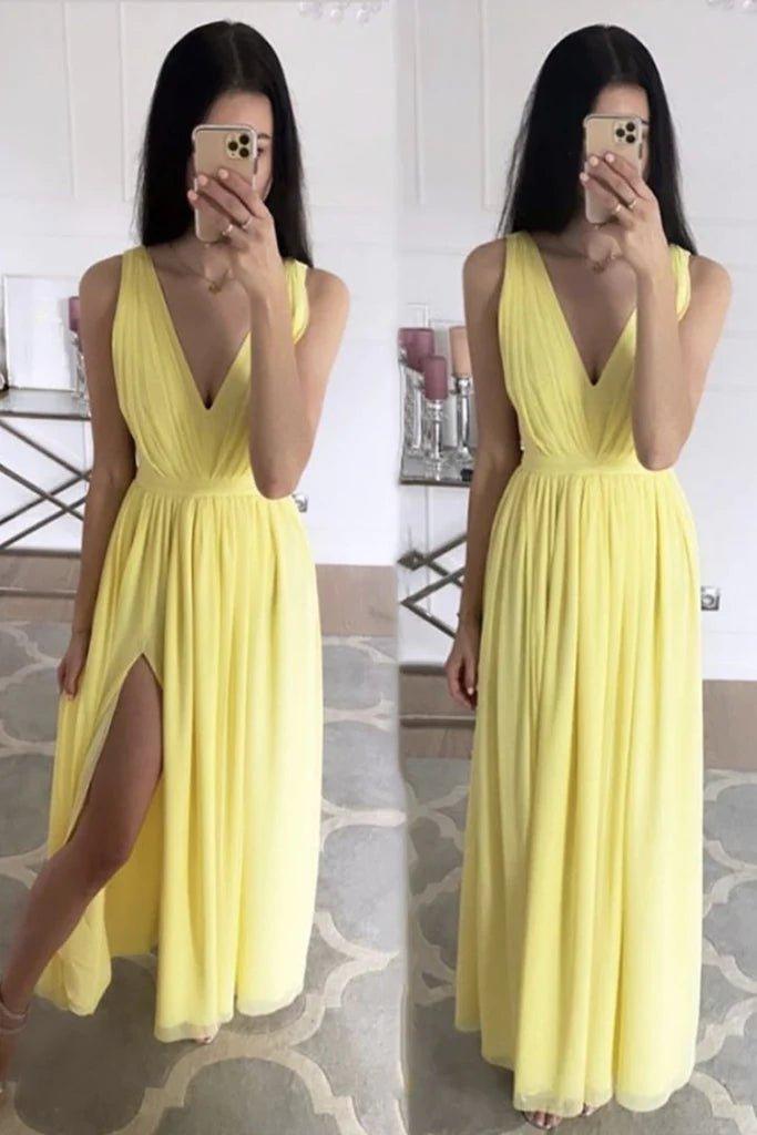Simple A Line V Neck Yellow Chiffon Long Prom Dress with Slit, V Neck Yellow Formal Dress, Yellow Evening Dress - RongMoon