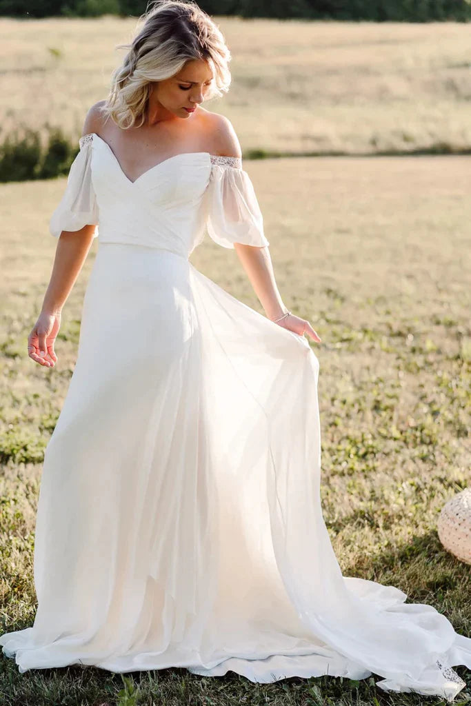Chiffon Short Sleeve Off-the-shoulder Wedding Dress