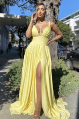 Simple V Neck Backless Yellow Satin Long Prom Dress with Slit, V Neck Yellow Formal Dress, Yellow Evening Dress - RongMoon