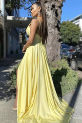 Simple V Neck Backless Yellow Satin Long Prom Dress with Slit, V Neck Yellow Formal Dress, Yellow Evening Dress - RongMoon