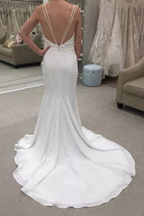 Satin Trumpet Backless Sheer Neck Mermaid Wedding Dress