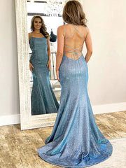 Mermaid / Trumpet Prom Dresses Open Back Dress Formal Sweep / Brush Train Sleeveless Strapless Satin Backless with Glitter