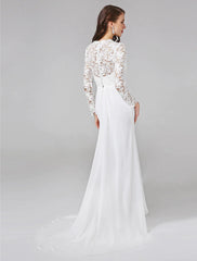 Beach Royal Style Boho Wedding Dresses Sweep / Brush Train Sheath / Column Long Sleeve Illusion Neck Chiffon With Lace Button