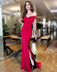 Sexy Split Long Satin Off Shoulder Mermaid Prom Dresses