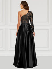 A-Line Prom Dresses Floral Dress Party Wear Wedding Party Floor Length Long Sleeve One Shoulder Satin with Slit