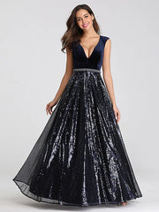 A-Line Prom Dresses Elegant Dress Prom Floor Length Sleeveless Plunging Neck Sequined with Sash / Ribbon Beading
