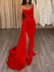 Gold Satin Beading Sweetheart Mermaid Prom Dress With Split
