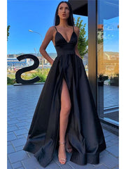 A Line Satin V Neck Sexy Long Prom Formal Dress